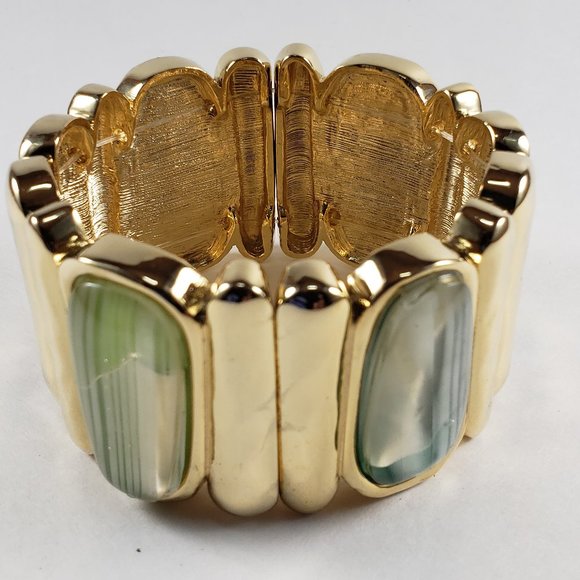 Jewelry - Polished Gold-tone Green Stone Beaded Stretchy Bracelet